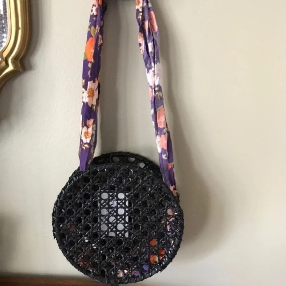 Anthropologie Rattan Round Wicker Floral Purse